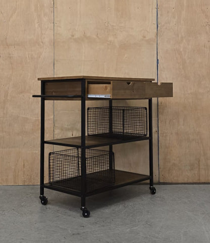 3 Tier Dark Wood / Black Metal Kitchen Trolly on Castor Wheels - 104763