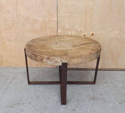 Round Wood Engraved Top Metal Frame Coffee Table - 104174