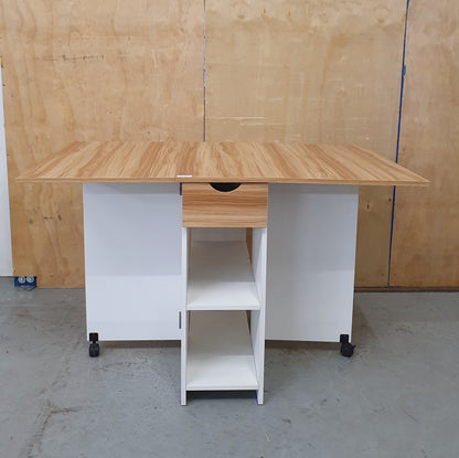White Wood Drop Leaf Table with Lover Shelving and Castor Wheels - 103780