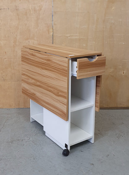 White Wood Drop Leaf Table with Lover Shelving and Castor Wheels - 103780
