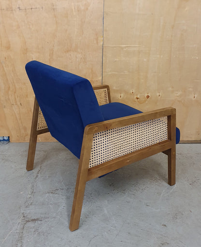 Blue Velvet Accent Armchair with Rattan Sides - 104941