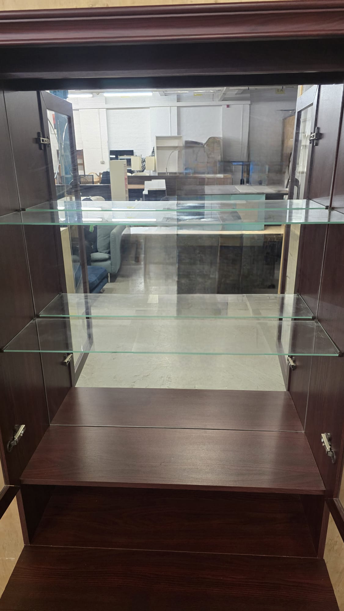Dark Stained Wood Glass Door Cabinet in Two Sections - 104742