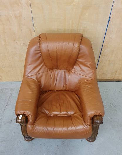 Brown Leather Armchair with Decorative Wooden Frame - 103095