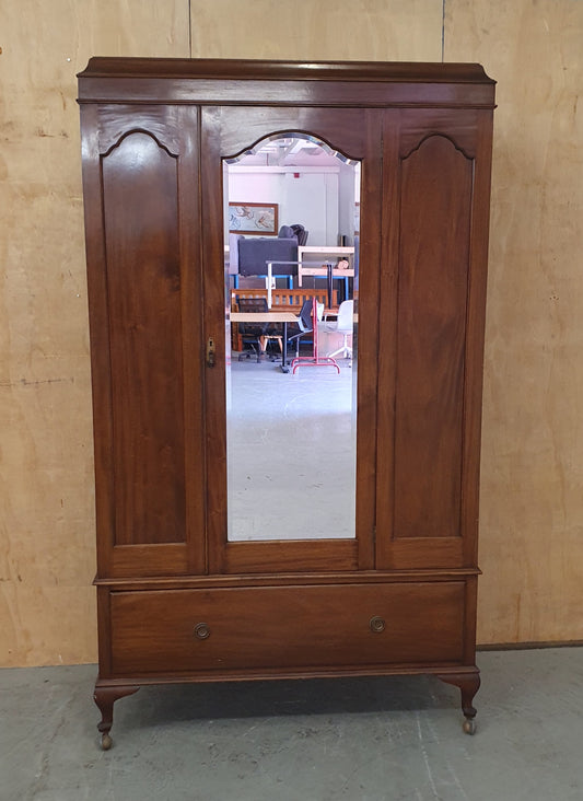 Vintage Large Dark Stained Wood Wardrobe with Deep Bottom Drawer on Wheels - 104349