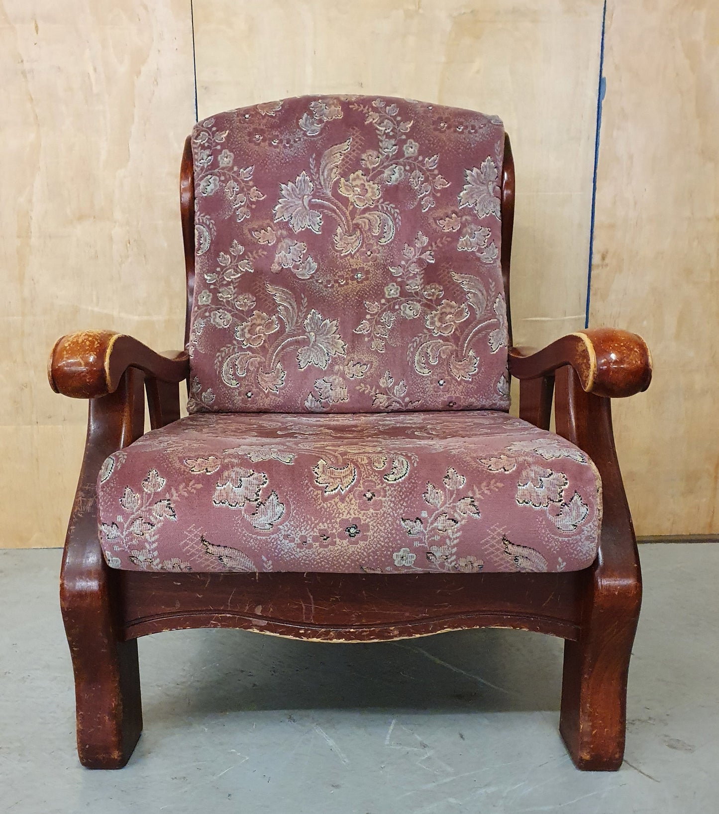 Wood Framed Burgundy Floral Fabric Armchair - 101335