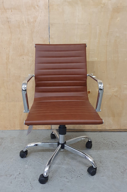 Brown Faux Leather and Chrome Office Chair on Castor Wheels - RN103184