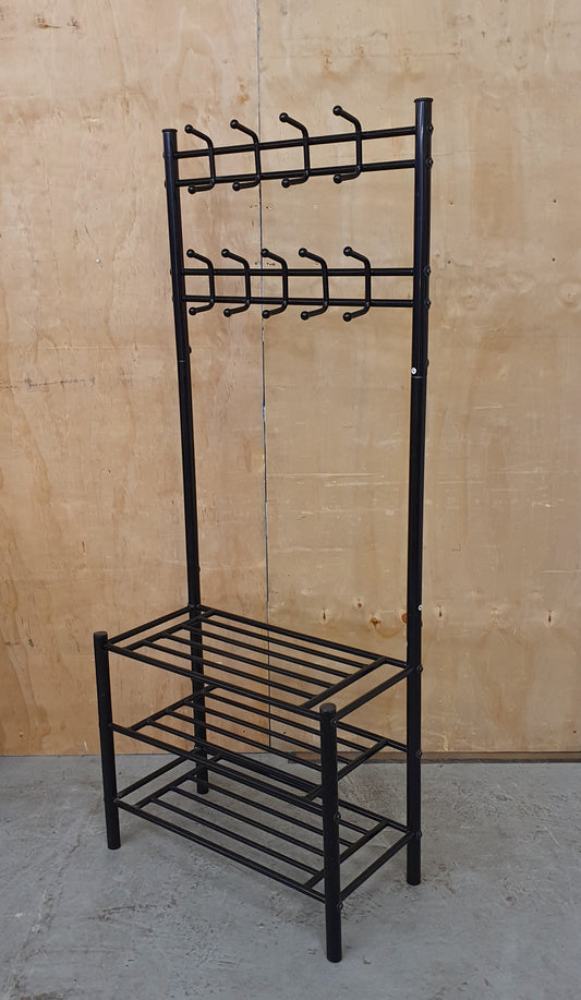 Black Metal Free Standing Coat Stand with 3 Tier Shoe Rack - EL104602