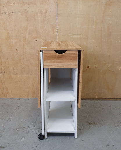 White Wood Drop Leaf Table with Lover Shelving and Castor Wheels - 103780