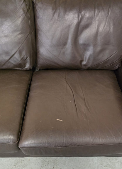 2 Seater Brown Leather Sofa with Block Wood Feet - 104702