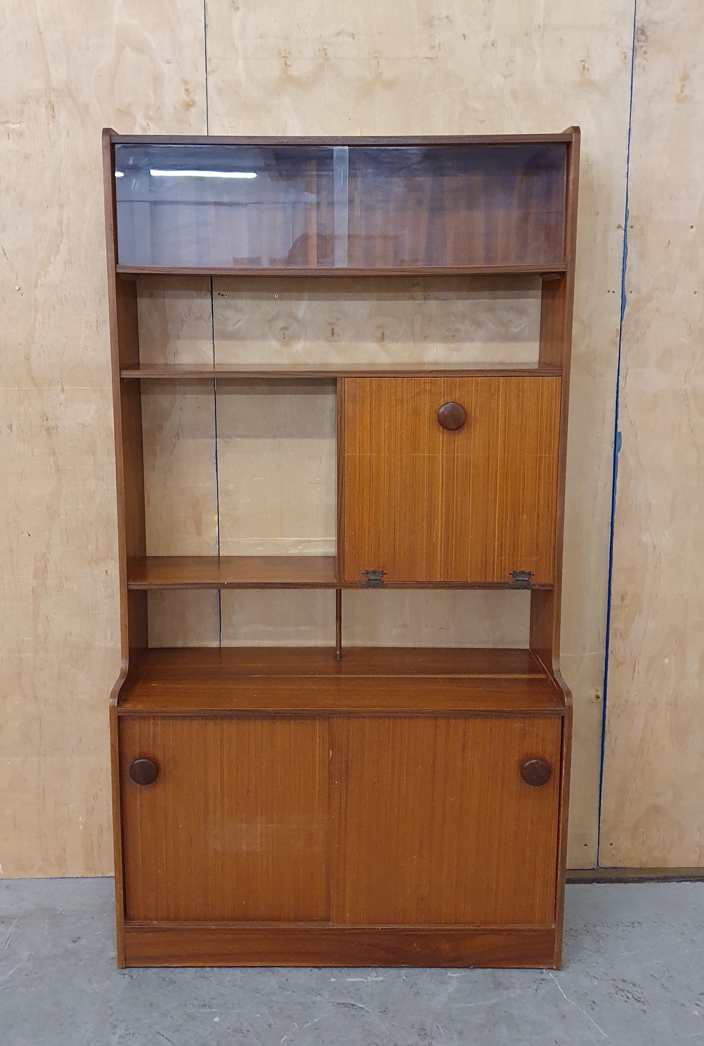 Vintage Wood Display Cabinet with Sliding Top Glass Doors Extra Storage Areas and on Wheels - 104537