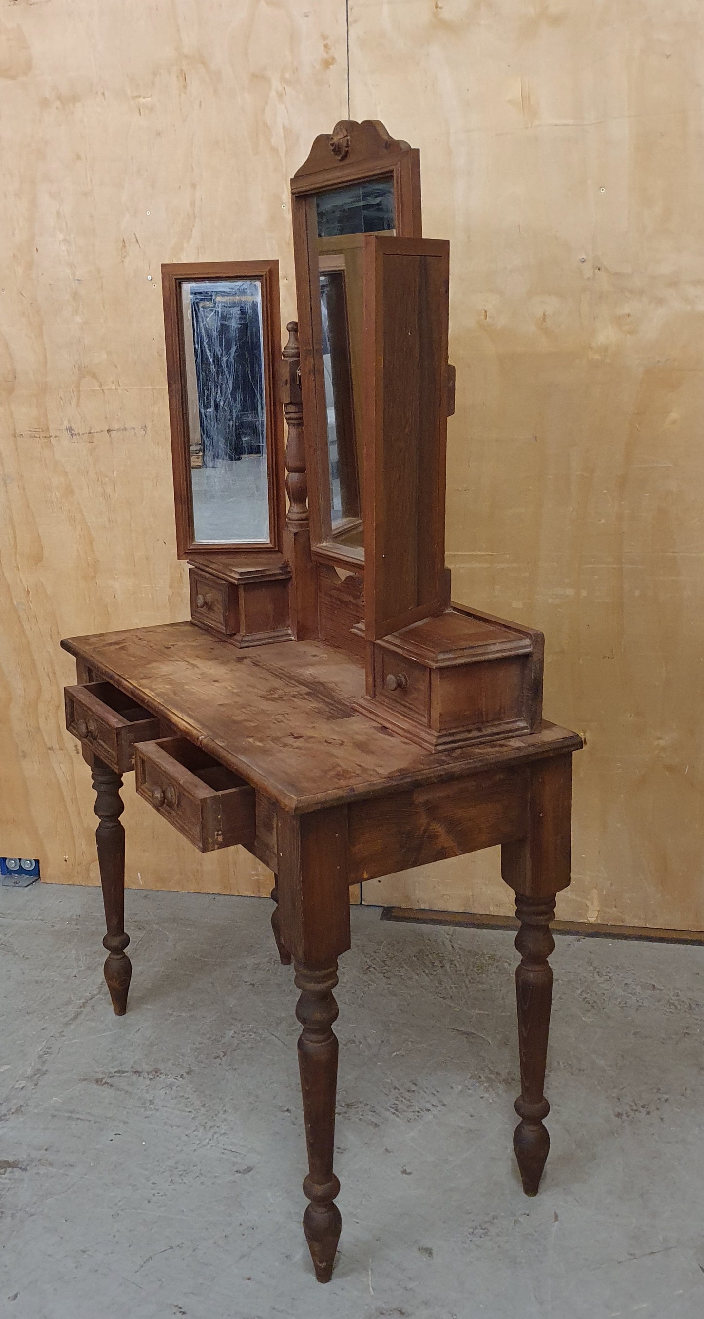 Vintage Dark Stained Wood Dressing Table with Removable Top Mirror Section - 104840