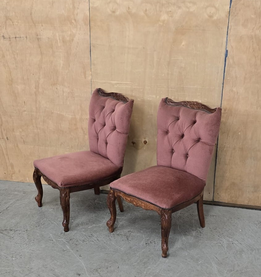2 Matching Vintage Burgundy Velvet Slipper Chairs with Engraved Cabriole Feet - 140925-01
