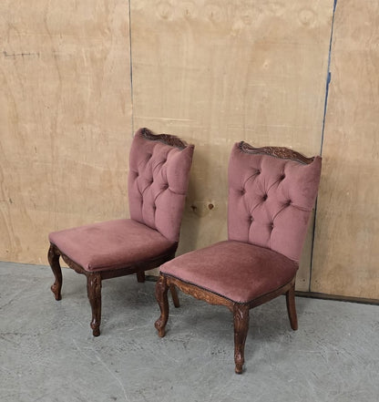 2 Matching Vintage Burgundy Velvet Slipper Chairs with Engraved Cabriole Feet - 140925-01
