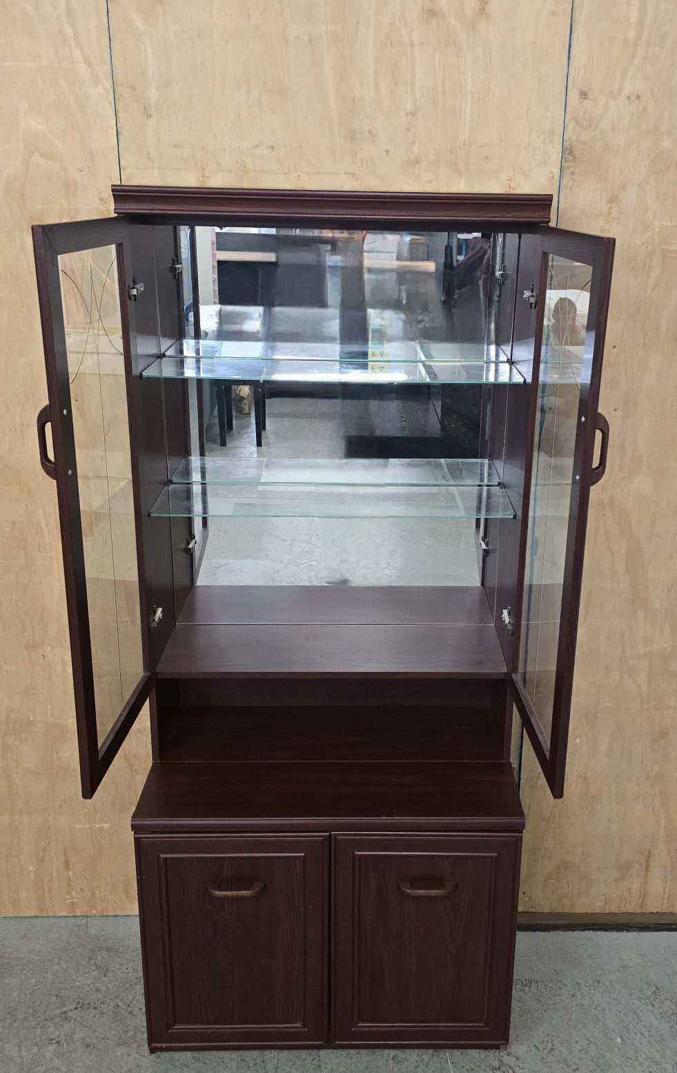 Dark Stained Wood Glass Door Cabinet in Two Sections - 104742