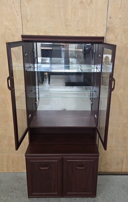 Dark Stained Wood Glass Door Cabinet in Two Sections - 104742