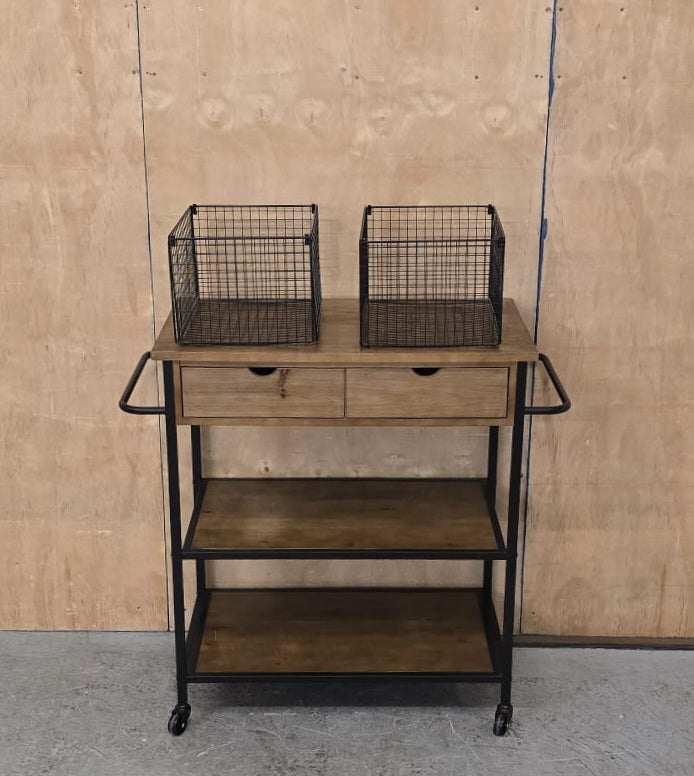 3 Tier Dark Wood / Black Metal Kitchen Trolly on Castor Wheels - 104763