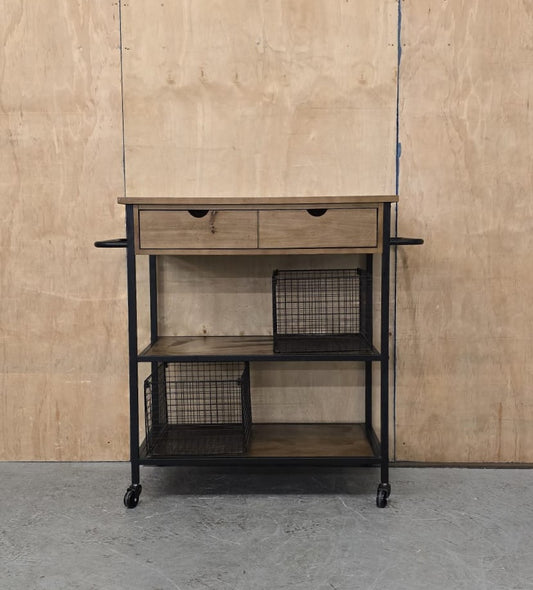 3 Tier Dark Wood / Black Metal Kitchen Trolly on Castor Wheels - 104763