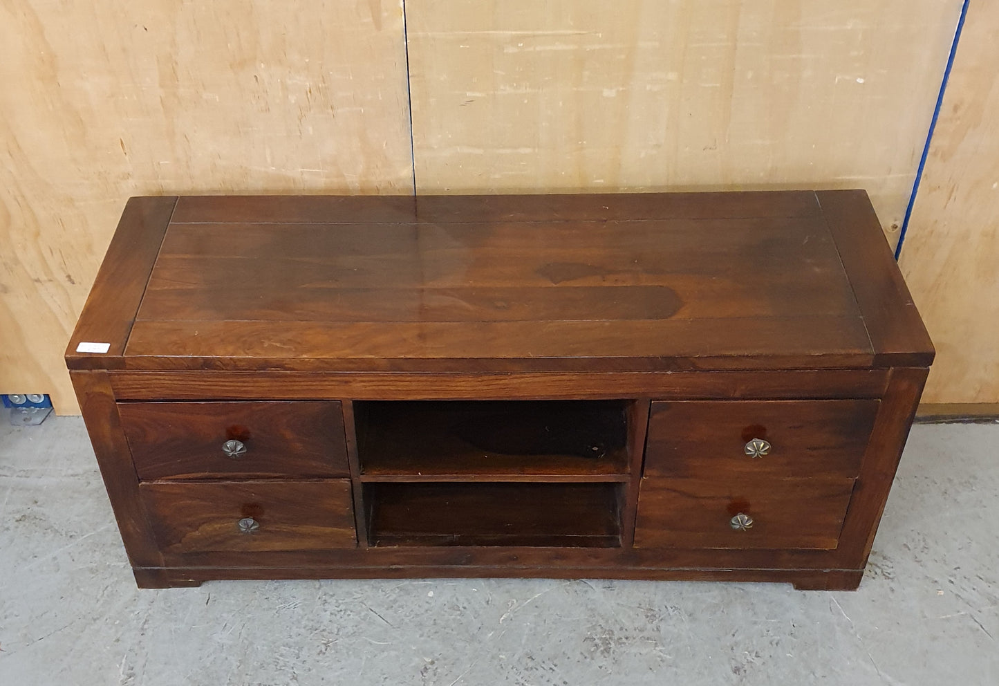 Large Dark Stained Heavy Duty Wood TV Stand with 4 Drawers and Centre Shelf - EL104592