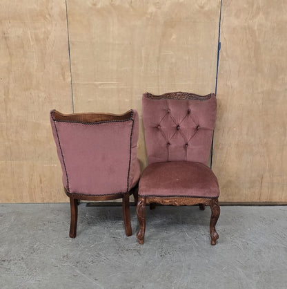 2 Matching Vintage Burgundy Velvet Slipper Chairs with Engraved Cabriole Feet - 140925-01