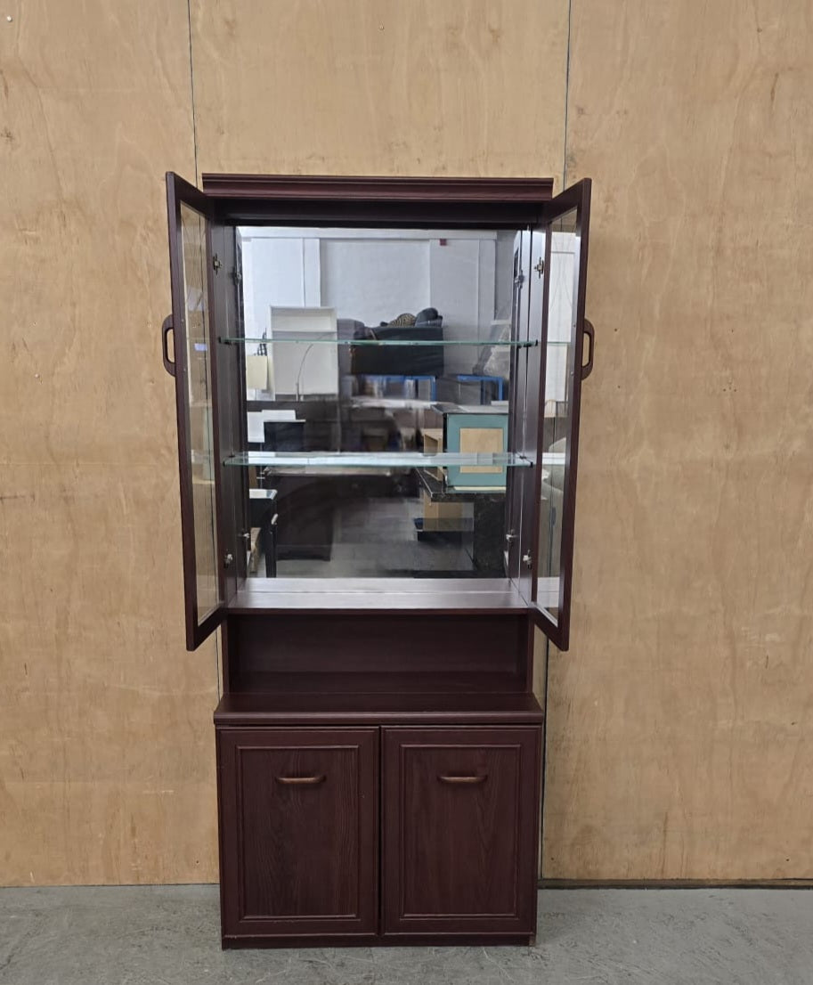 Dark Stained Wood Glass Door Cabinet in Two Sections - 104742