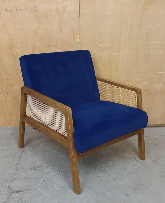 Blue Velvet Accent Armchair with Rattan Sides - 104941
