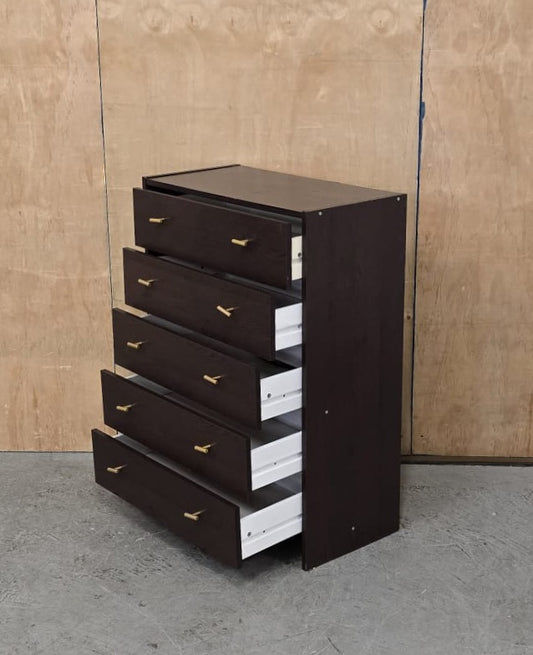 Dark Wood 5 Drawer Chest of Drawers with Gold Handles - 100925-01
