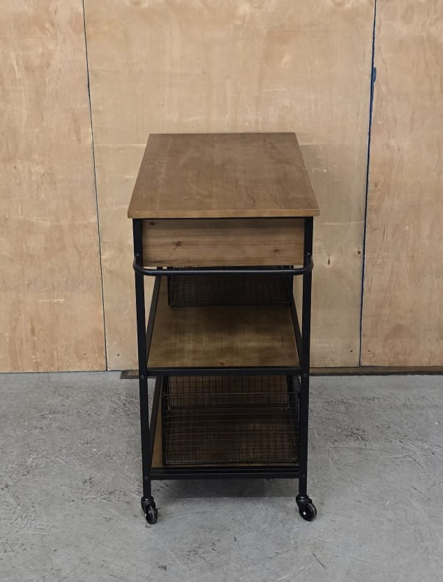 3 Tier Dark Wood / Black Metal Kitchen Trolly on Castor Wheels - 104763