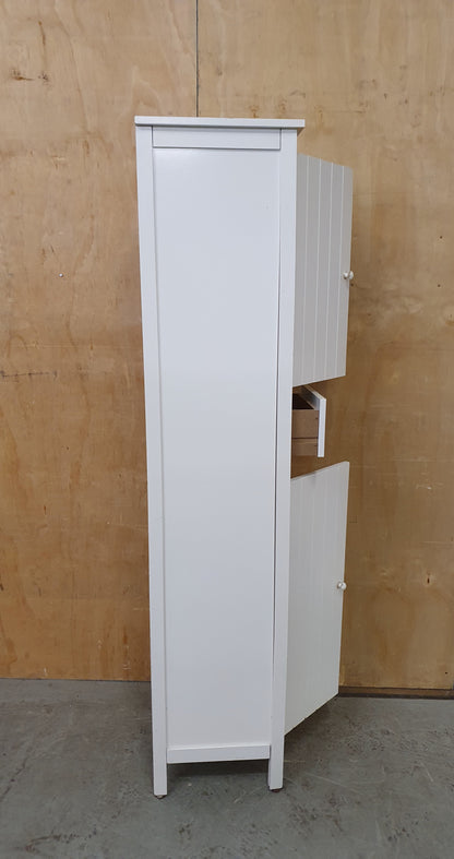 Tall White Wood Cabinet with 2 Doors and 1 Central Drawer - 270925-01