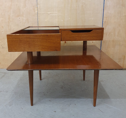 2 Tier Mid Century Inspired Wooden Coffee Table with Drawer Glass Panel and Hairpin Legs - 103033