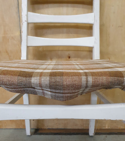 Single White Wood Dining Chair with Slatted Back Rest and Brown Check Fabric Seat Cover - EL104060