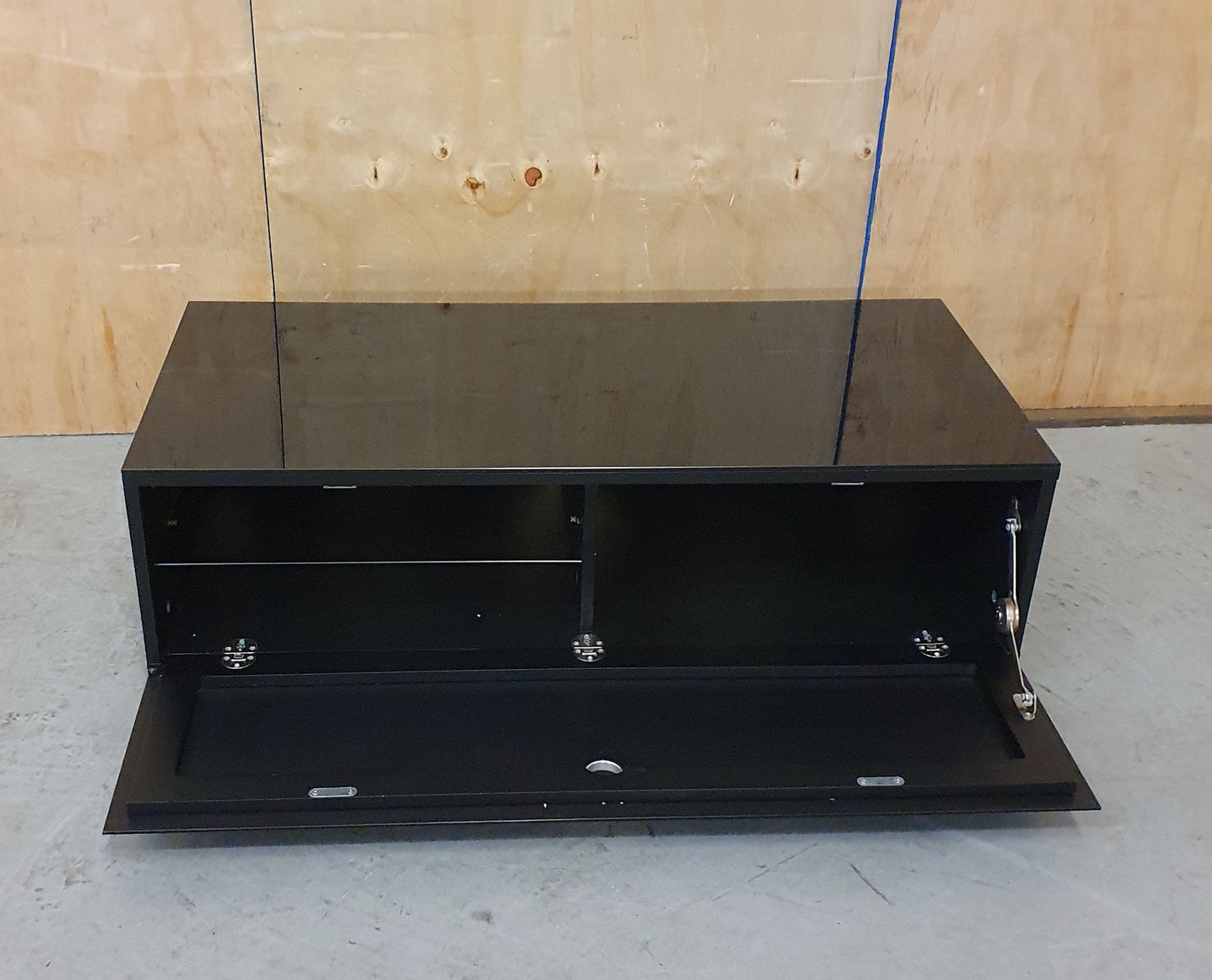 Black Glass TV Stand with Open Front and Interior Shelving - 103035