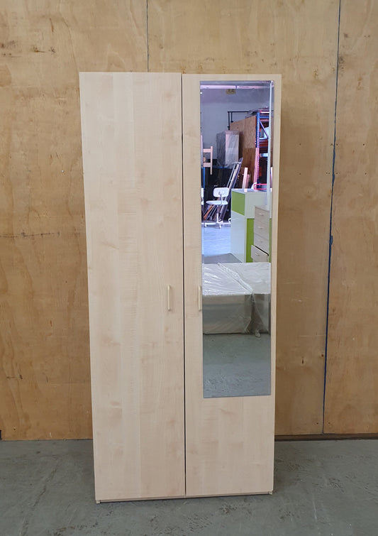 2 Door Wood Wardrobe with Mirror and Castor Wheels - 104386