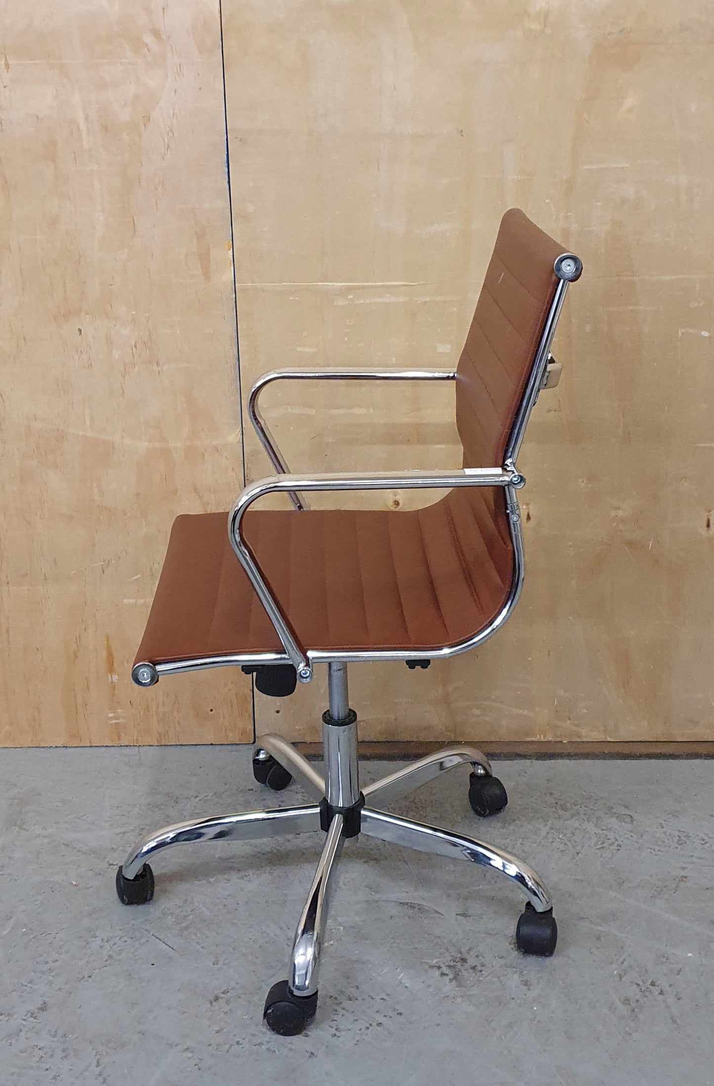 Brown Faux Leather and Chrome Office Chair on Castor Wheels - RN103156