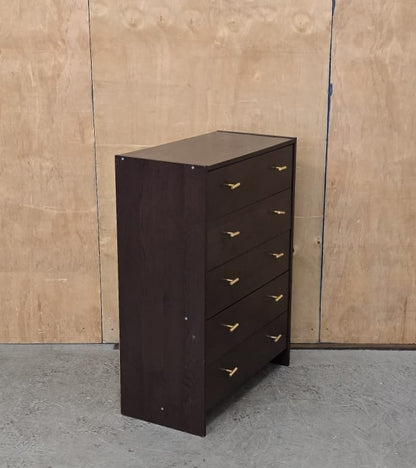 Dark Wood 5 Drawer Chest of Drawers with Gold Handles - 100925-01