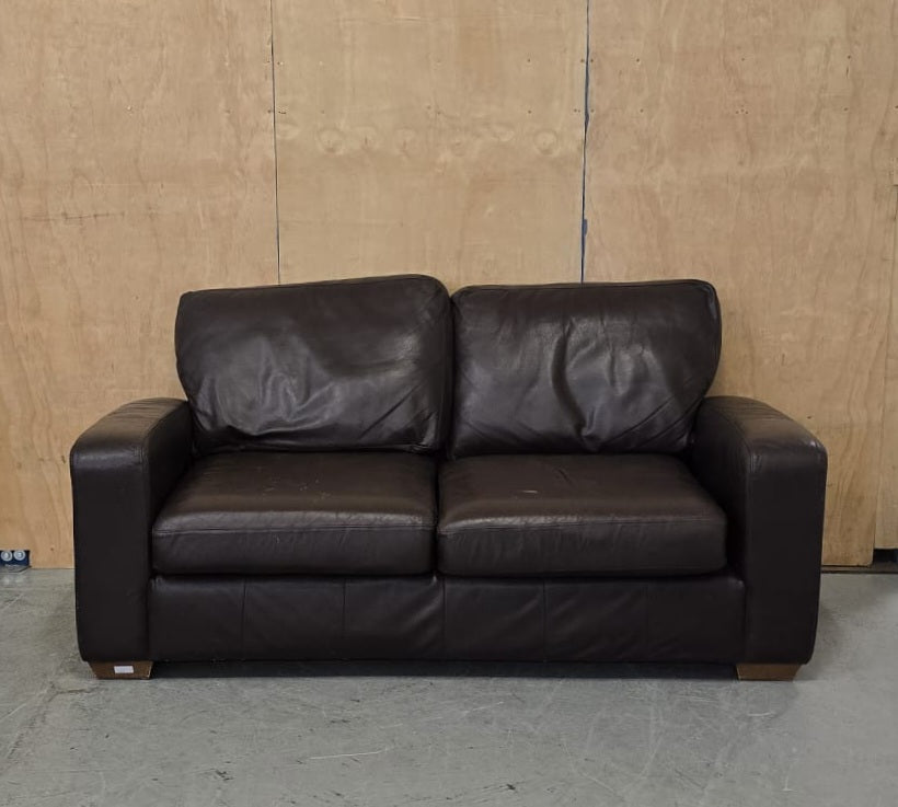2 Seater Brown Leather Sofa with Block Wood Feet - 104702