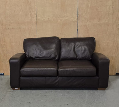 2 Seater Brown Leather Sofa with Block Wood Feet - 104702