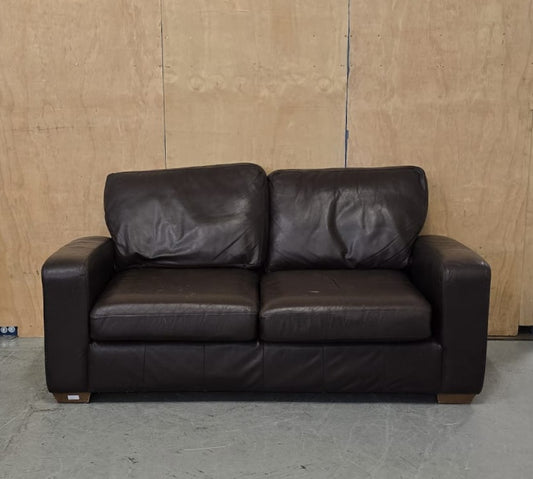 2 Seater Brown Leather Sofa with Block Wood Feet - 104702