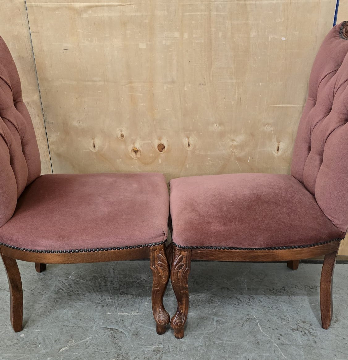 2 Matching Vintage Burgundy Velvet Slipper Chairs with Engraved Cabriole Feet - 140925-01