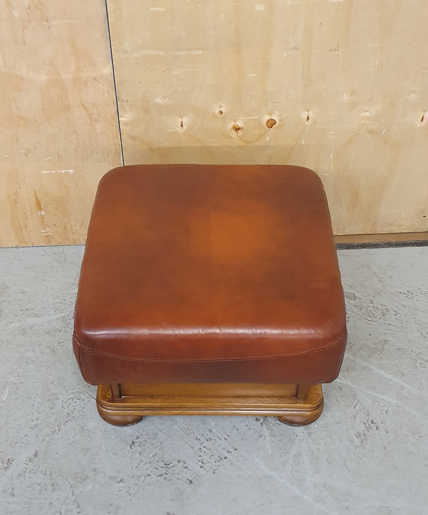 Brown Leather Footstool with Decorative Wooden Frame - 103097