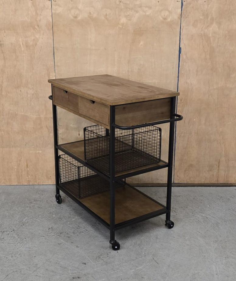 3 Tier Dark Wood / Black Metal Kitchen Trolly on Castor Wheels - 104763