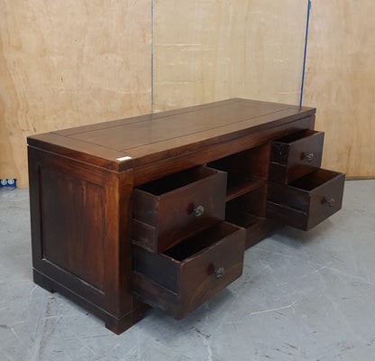 Large Dark Stained Heavy Duty Wood TV Stand with 4 Drawers and Centre Shelf - EL104592
