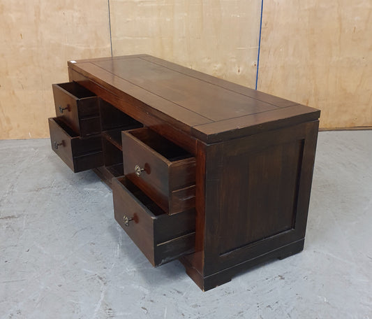 Large Dark Stained Heavy Duty Wood TV Stand with 4 Drawers and Centre Shelf - EL104592