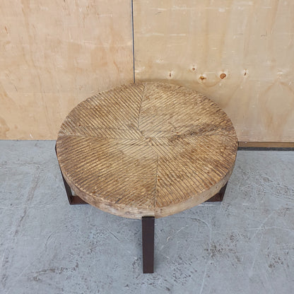 Round Wood Engraved Top Metal Frame Coffee Table - 104174