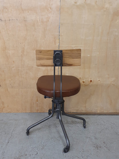 Single Metal Frame Height Adjustable Chair with Wood Back Rest and Brown Leather Seat - 103856
