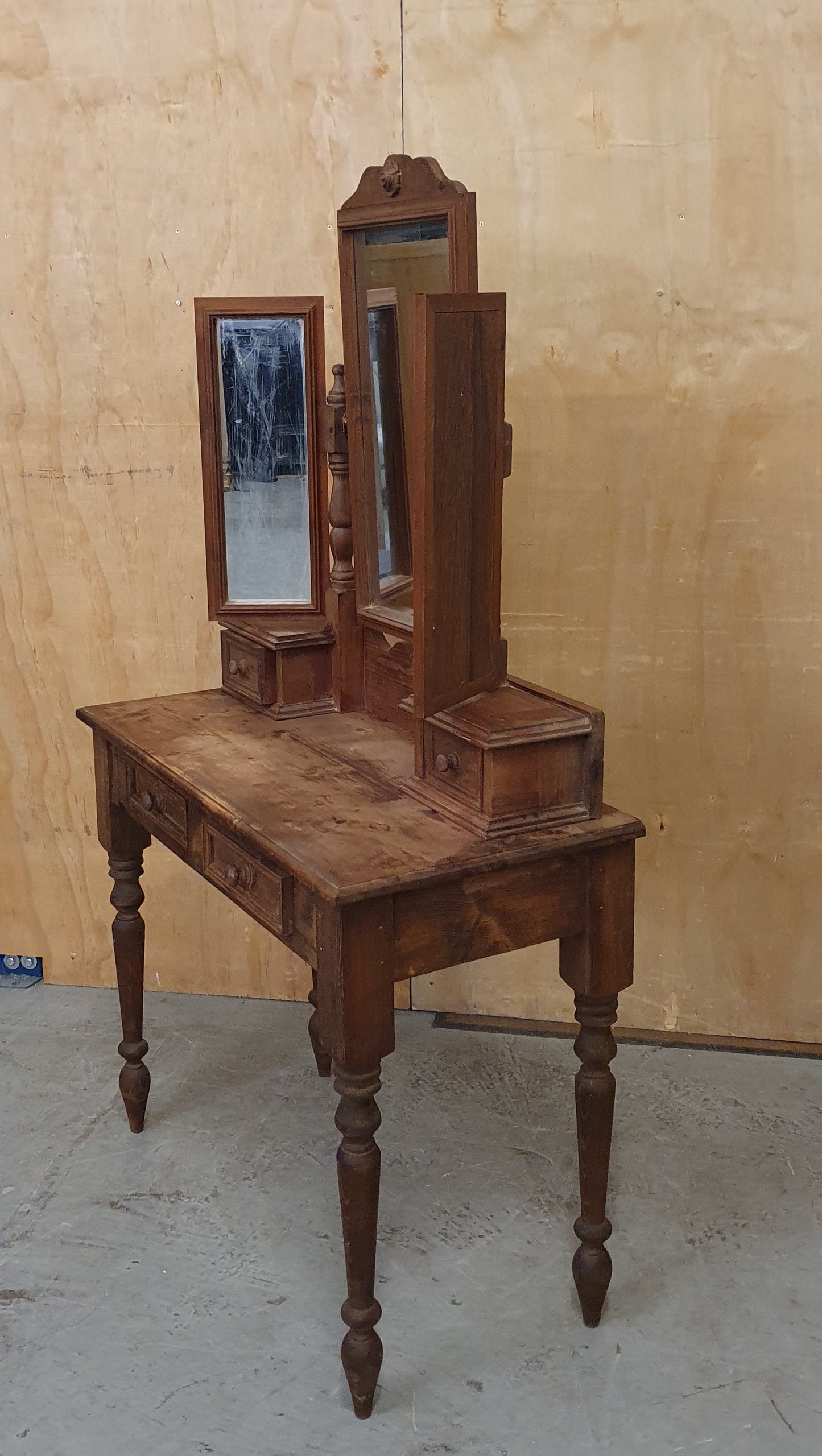 Vintage Dark Stained Wood Dressing Table with Removable Top Mirror Section - 104840