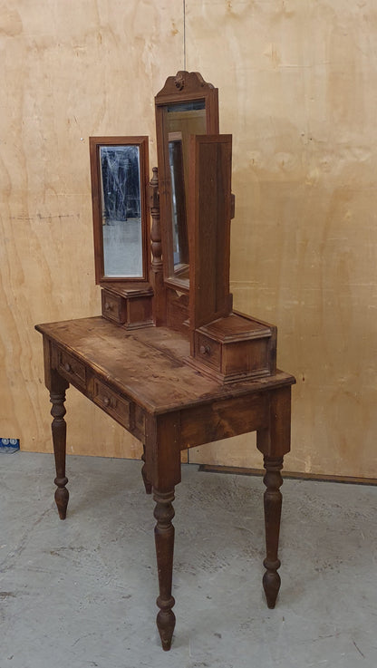 Vintage Dark Stained Wood Dressing Table with Removable Top Mirror Section - 104840