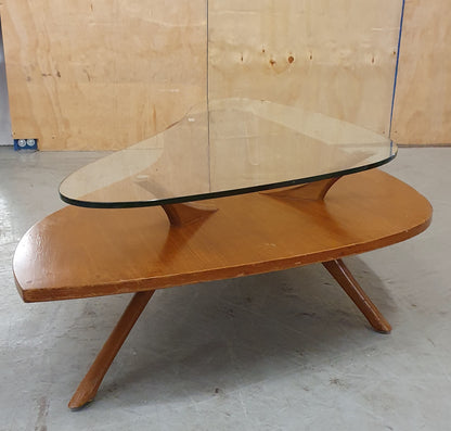 2 Tier Large Boomerang Shape Mid Century Inspired Design Coffee Table with Removable Glass Top - 103034