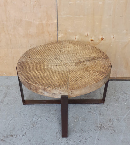 Round Wood Engraved Top Metal Frame Coffee Table - 104174