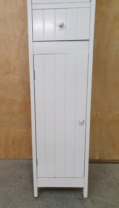 Tall White Wood Cabinet with 2 Doors and 1 Central Drawer - 270925-01