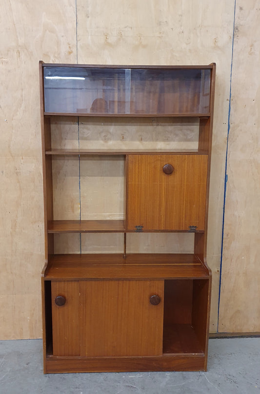 Vintage Wood Display Cabinet with Sliding Top Glass Doors Extra Storage Areas and on Wheels - 104537